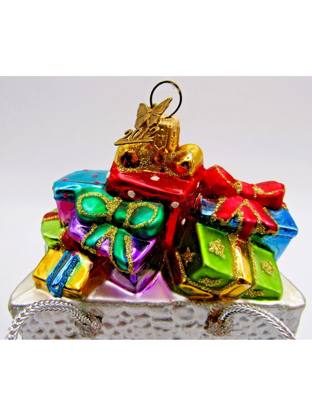 Neiman Marcus 2012 Mercury Glass Shopping Bag Ornament with Green Glass Stand